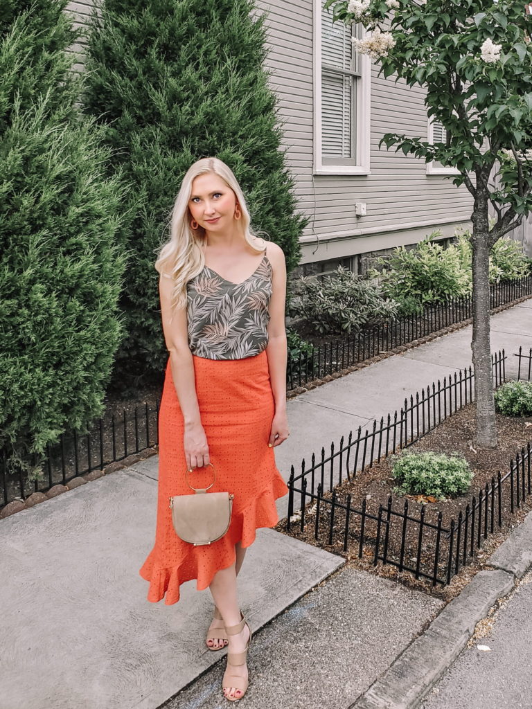 Palm tree top and orange skirt