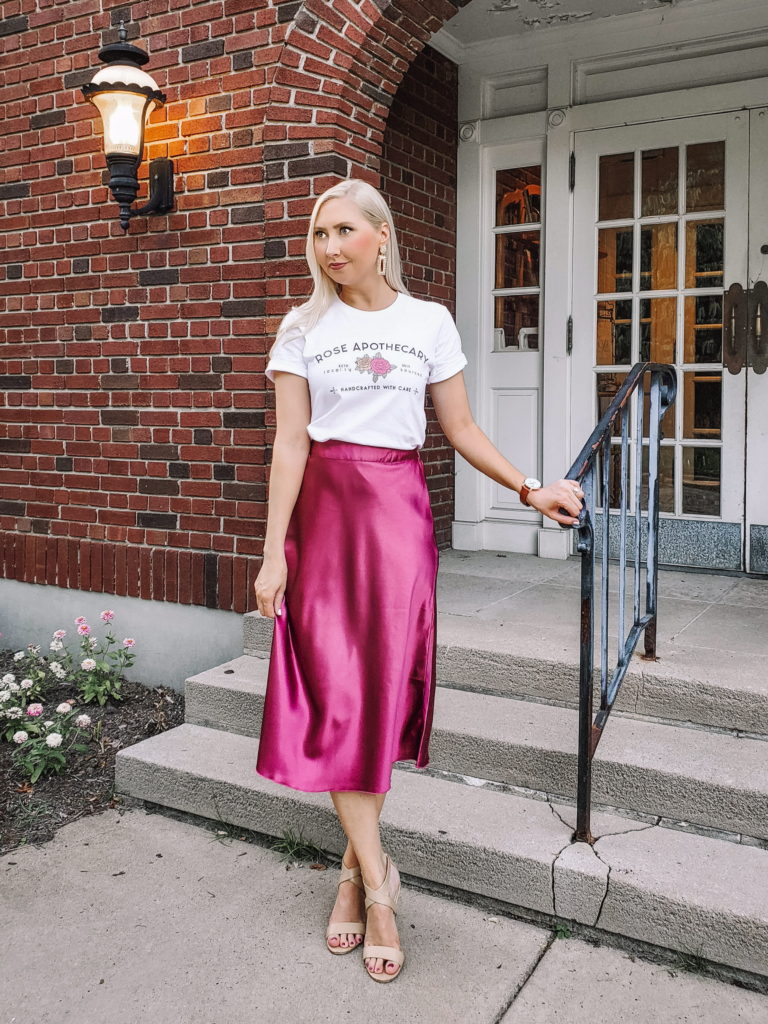 Pink satin midi skirt